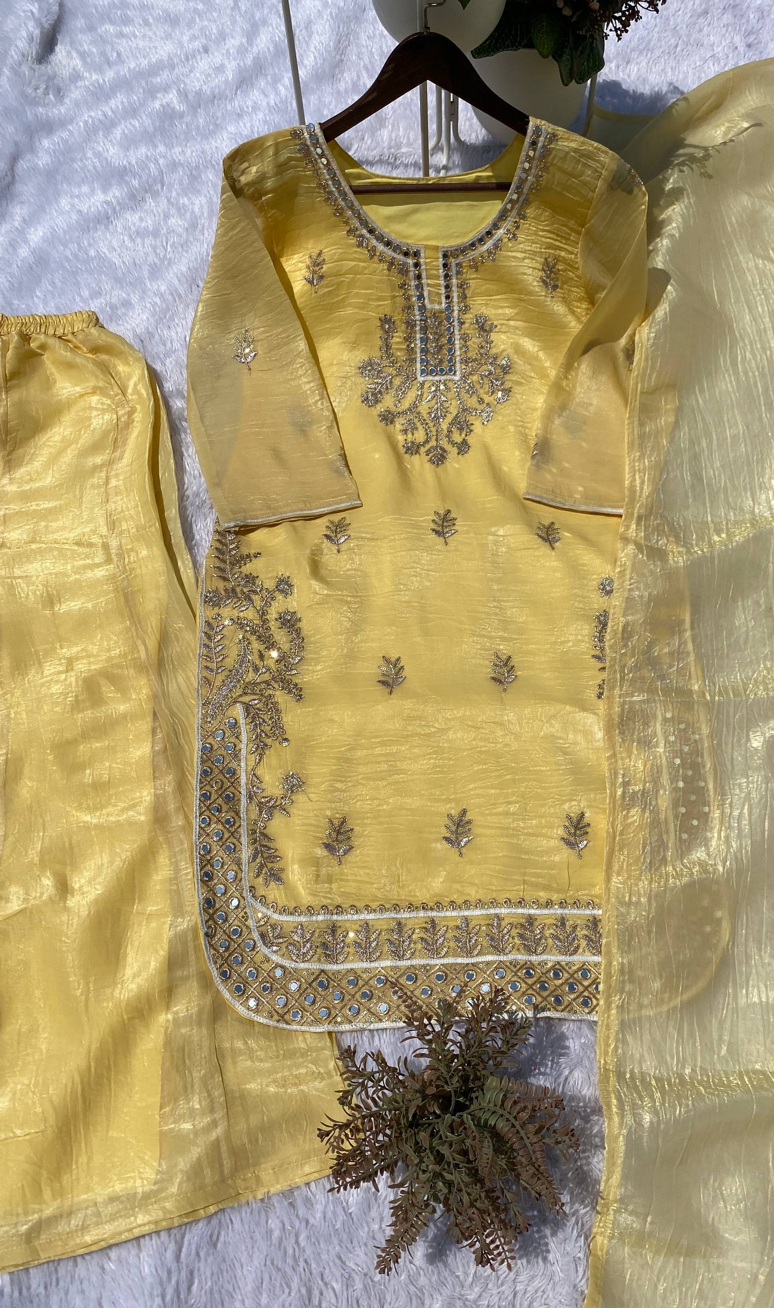 Yellow Kurta Palazzo With Dupatta in Gold Crunchy With Real Mirror and Embroidery