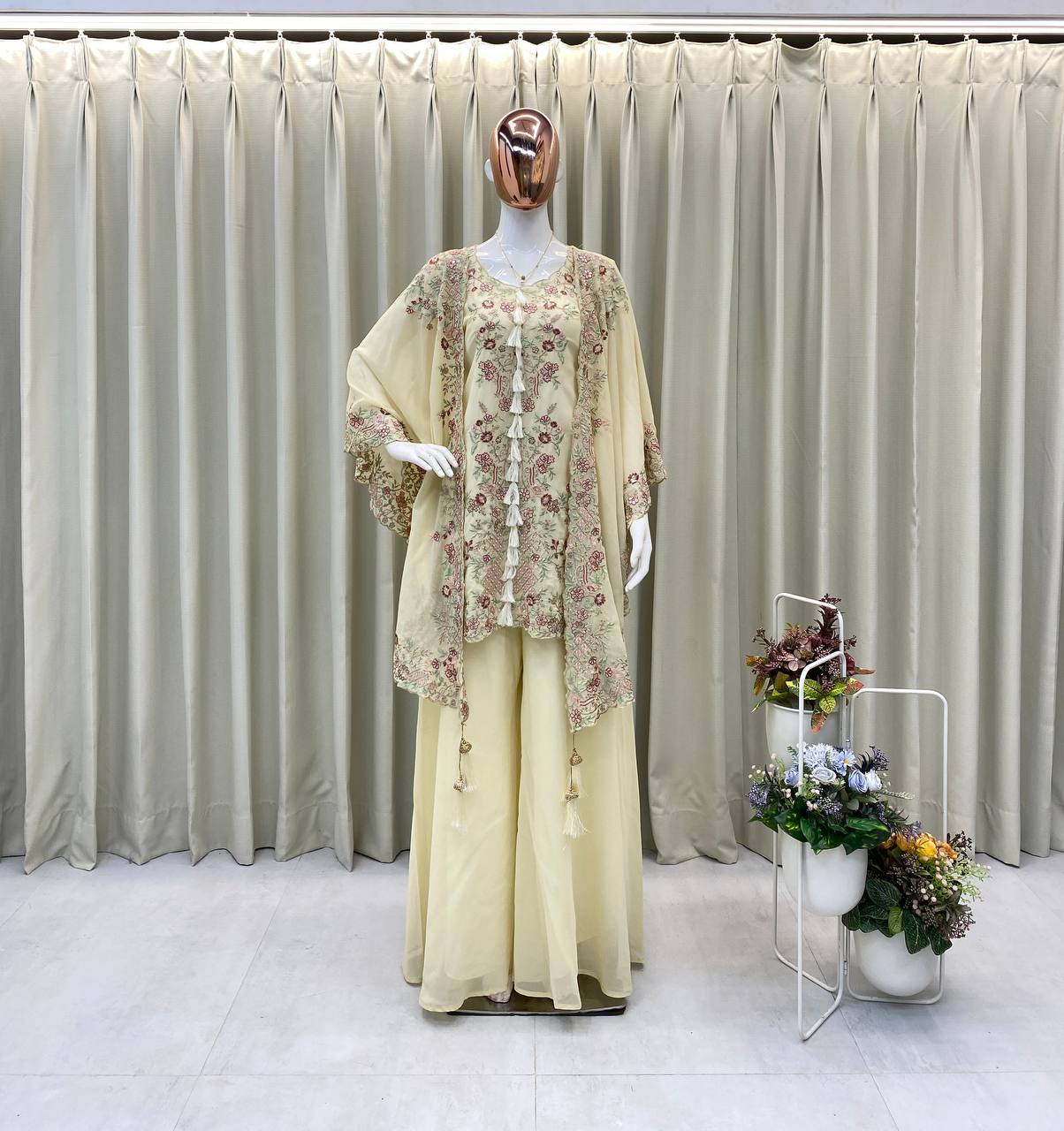 White Georgette Kurta Plazzo Pair with Shrug Perfect for Celebrations