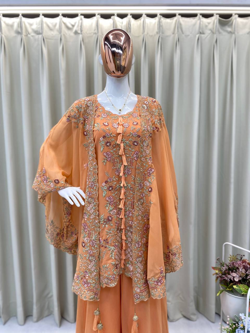 White Georgette Kurta Plazzo Pair with Shrug Perfect for Celebrations