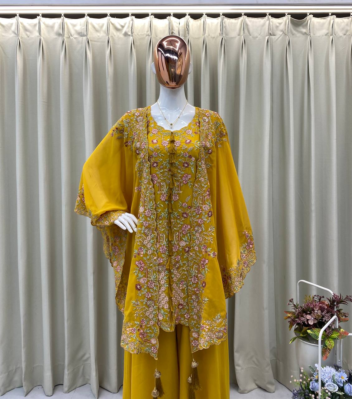 White Georgette Kurta Plazzo Pair with Shrug Perfect for Celebrations