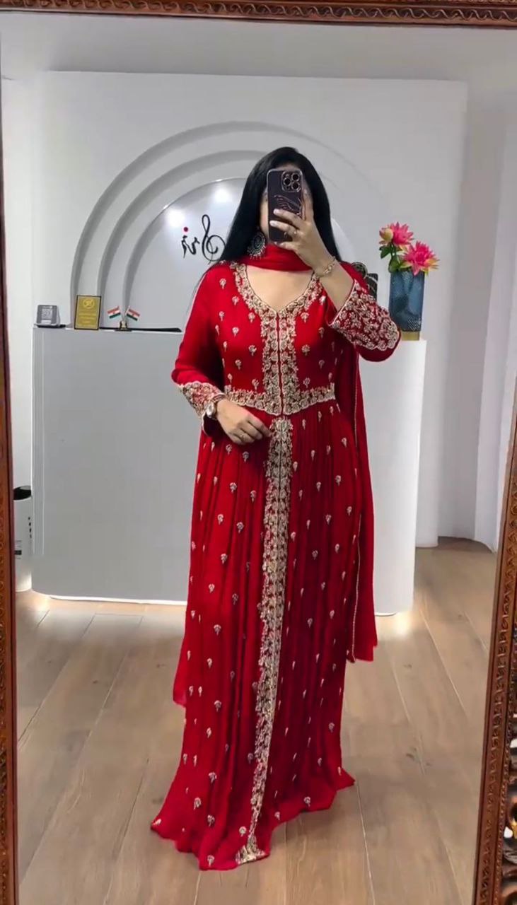 Elegant Red Embroidered Anarkali with Golden Detailing