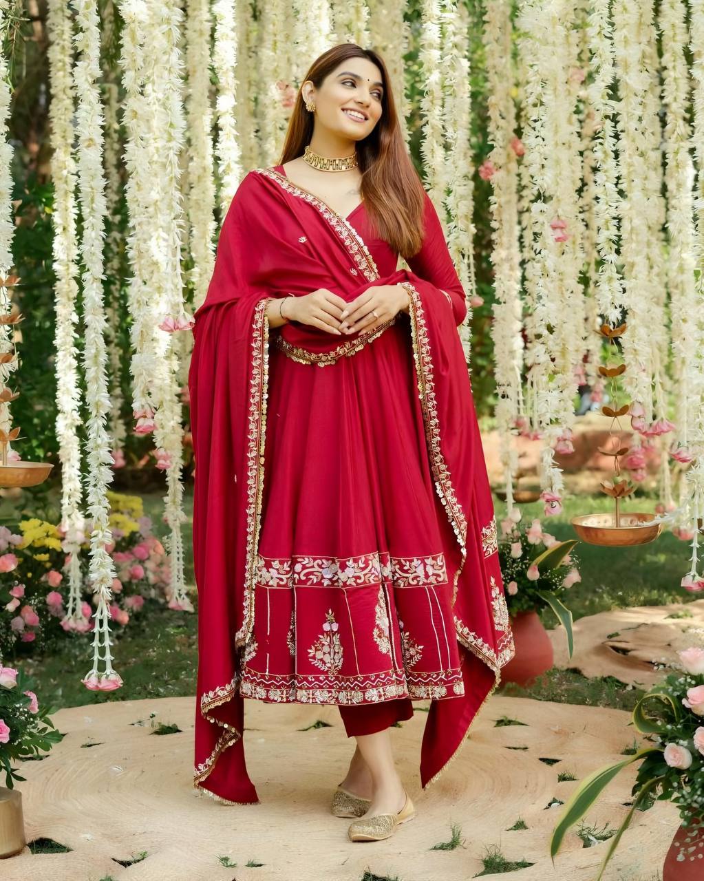 Elegant Red Anarkali Kurti Set with Dupatta for Women