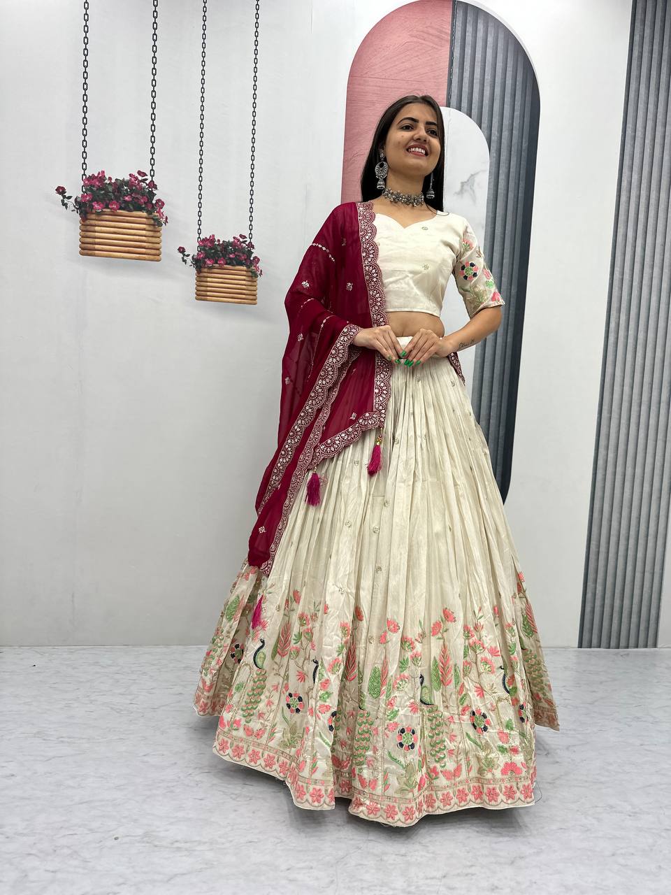 Embroidered Pure Tissue Silk Lehenga Choli & Dupatta Set