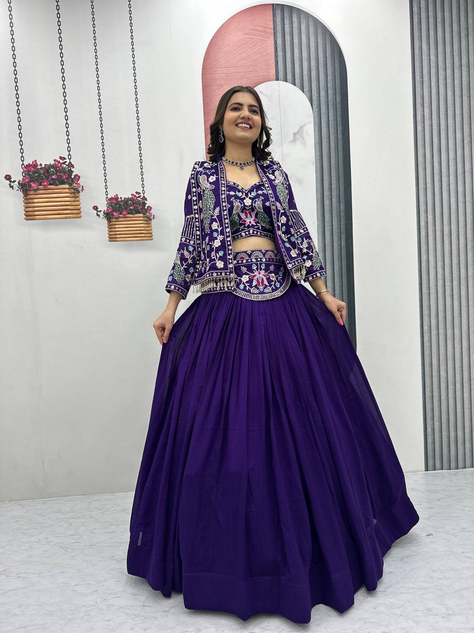 Dark Pink Thread Sequence Work Vichitra Silk Crop Top Lehenga With Shrug