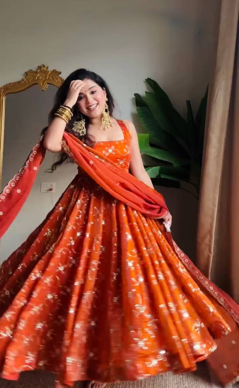 Orange Elegant KesriyaNC Silk Kali Cut Gown Set with Heavy Sequins Embroidery, Micro Fabric Pant & Matching Dupatta – Stitched Ensemble