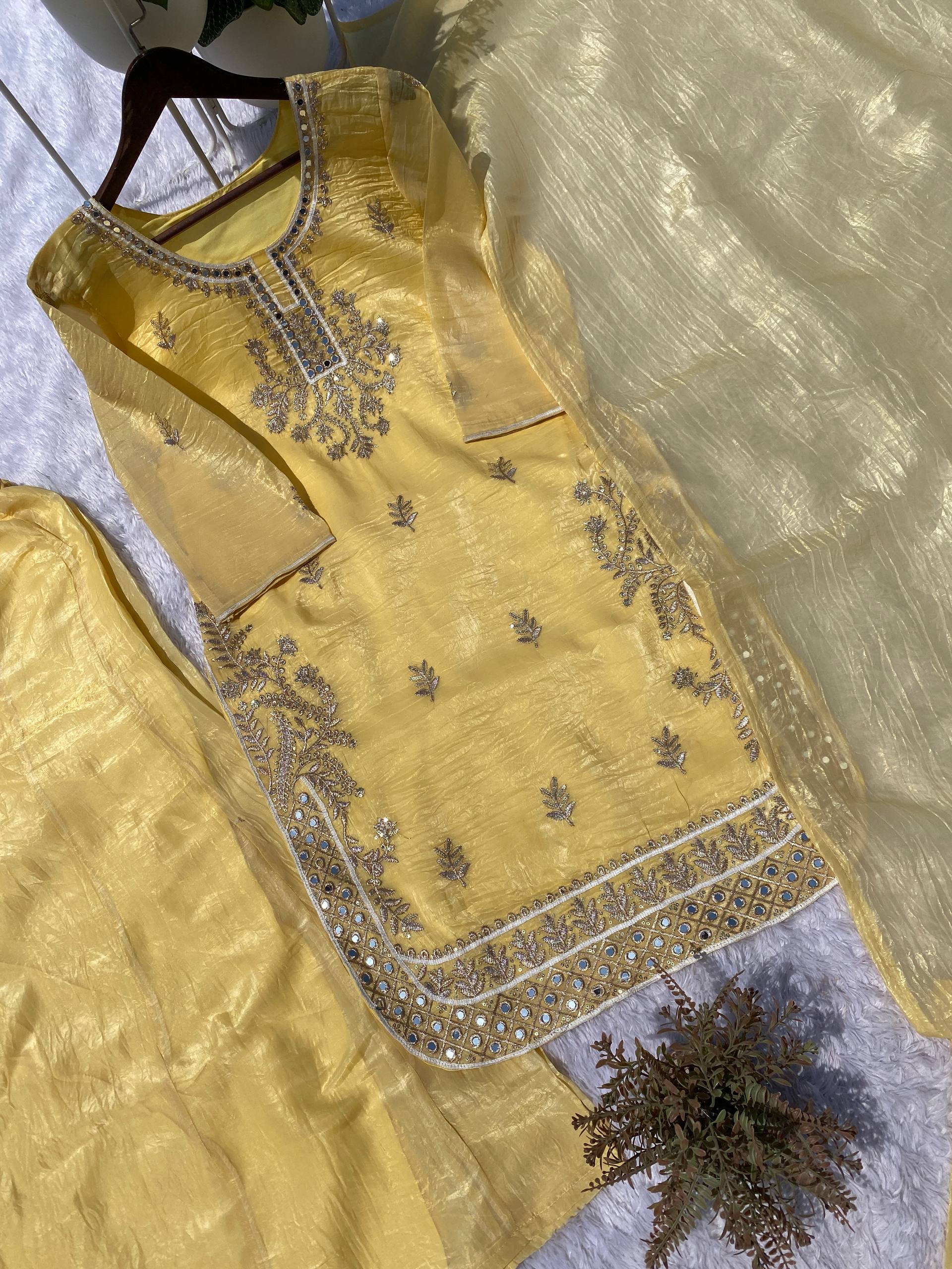 Yellow Kurta Palazzo With Dupatta in Gold Crunchy With Real Mirror and Embroidery