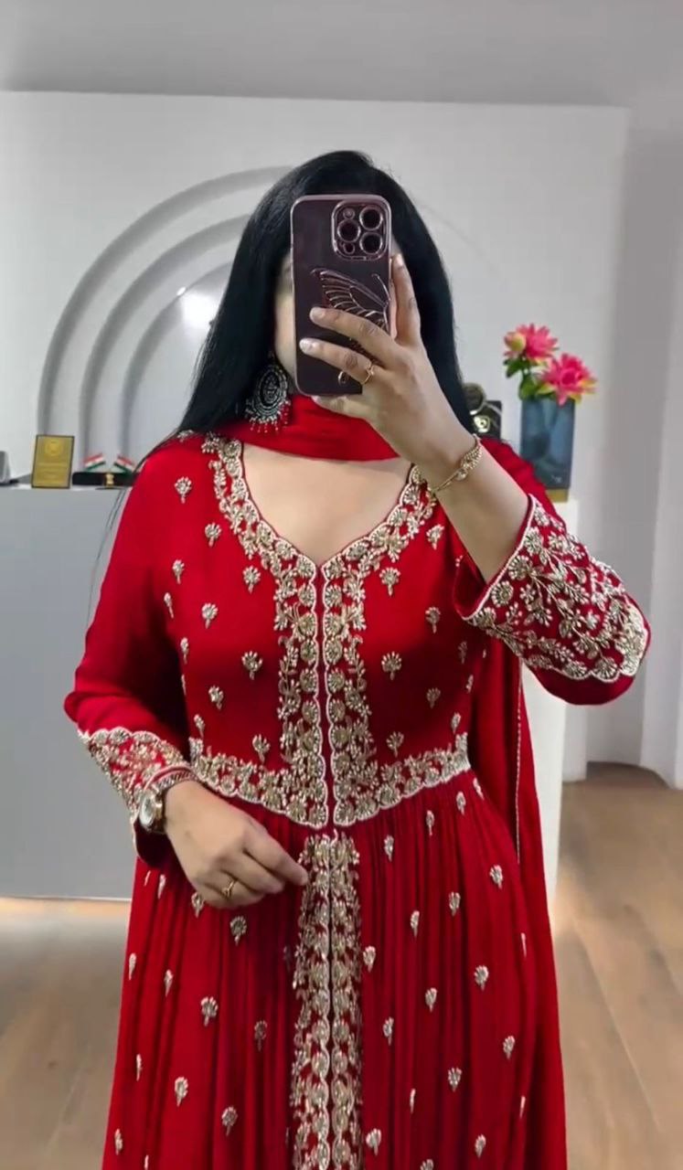 Elegant Red Embroidered Anarkali with Golden Detailing