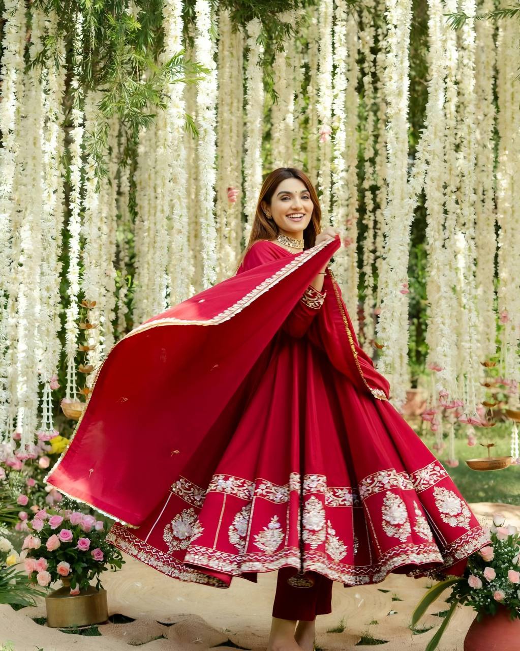 Elegant Red Anarkali Kurti Set with Dupatta for Women