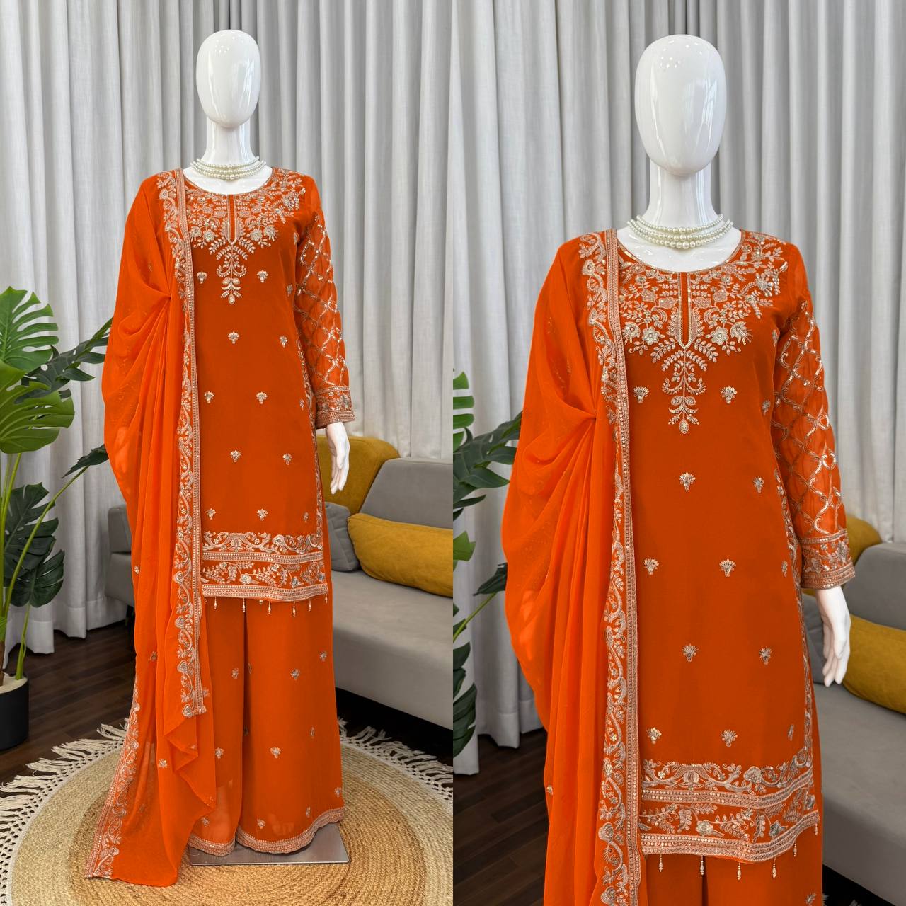 Orange Color Faux Georgette Fabric Sequence Work Palazzo Suit