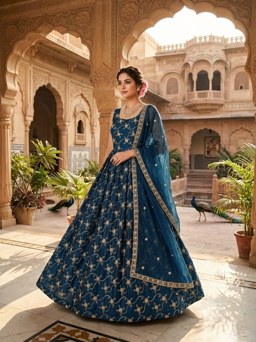 Orange Elegant KesriyaNC Silk Kali Cut Gown Set with Heavy Sequins Embroidery, Micro Fabric Pant & Matching Dupatta – Stitched Ensemble
