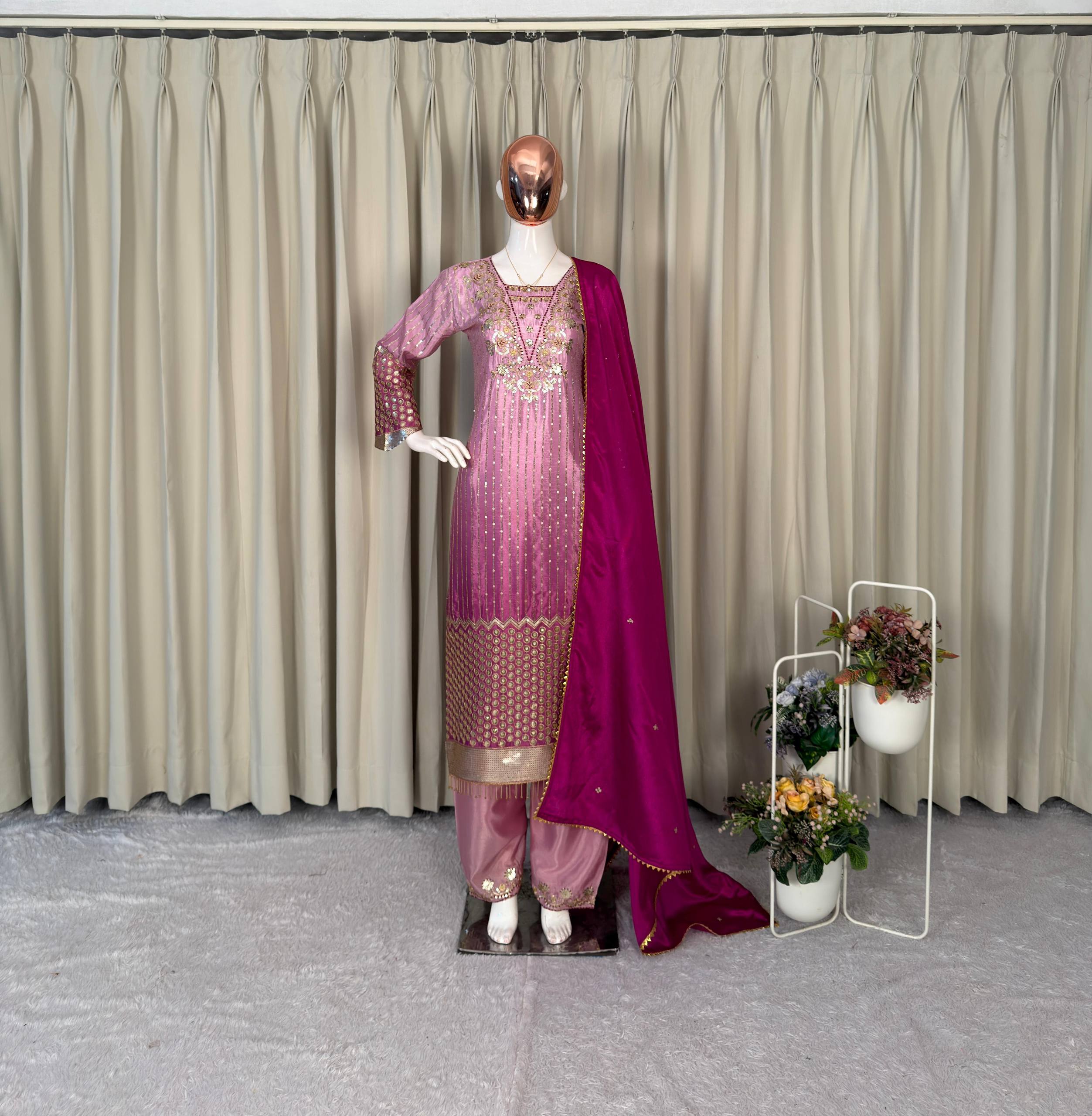 Pink Dress in Chinon With Sequins Embroidery Work Eid Festival Dress
