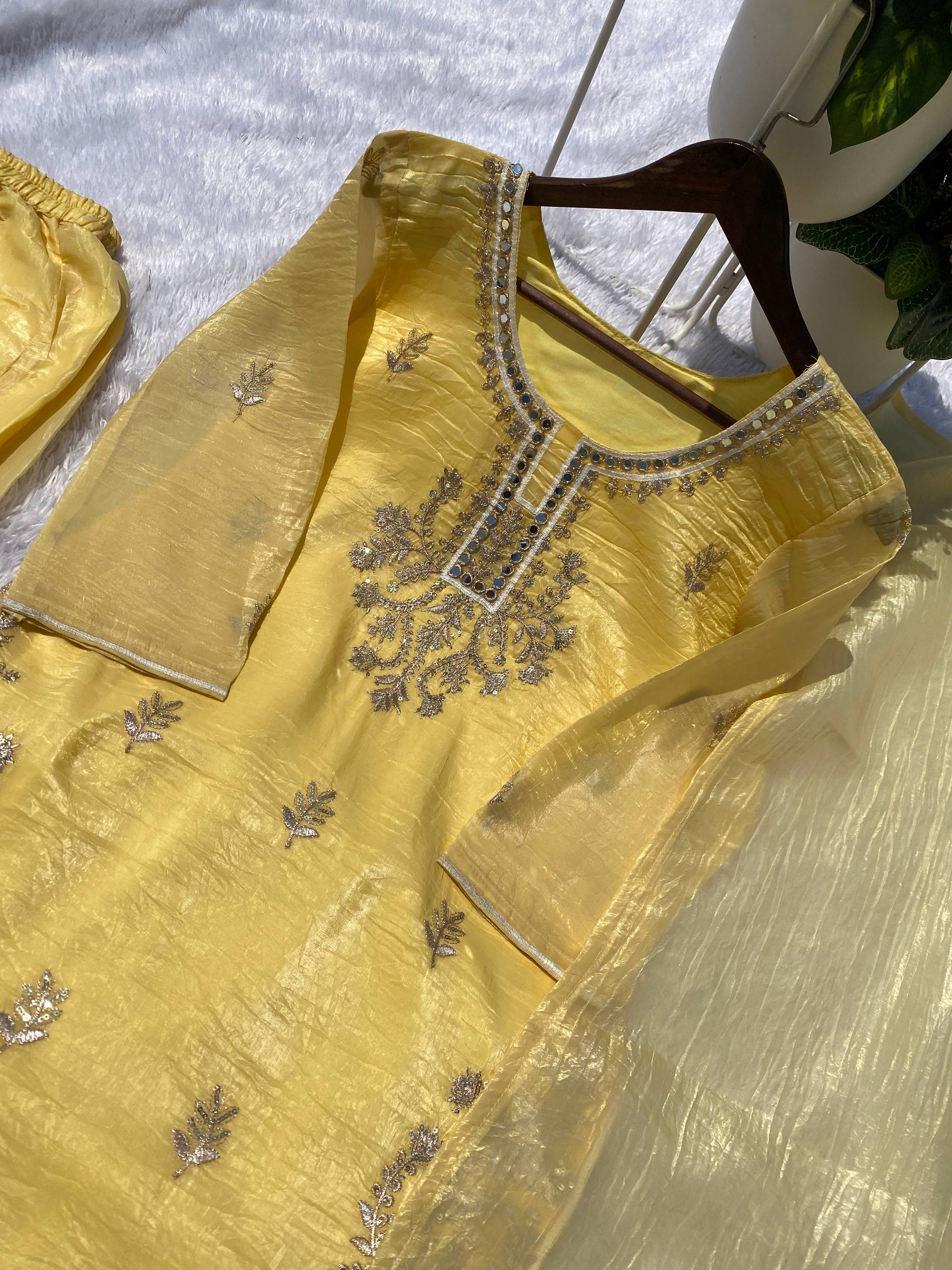 Yellow Kurta Palazzo With Dupatta in Gold Crunchy With Real Mirror and Embroidery