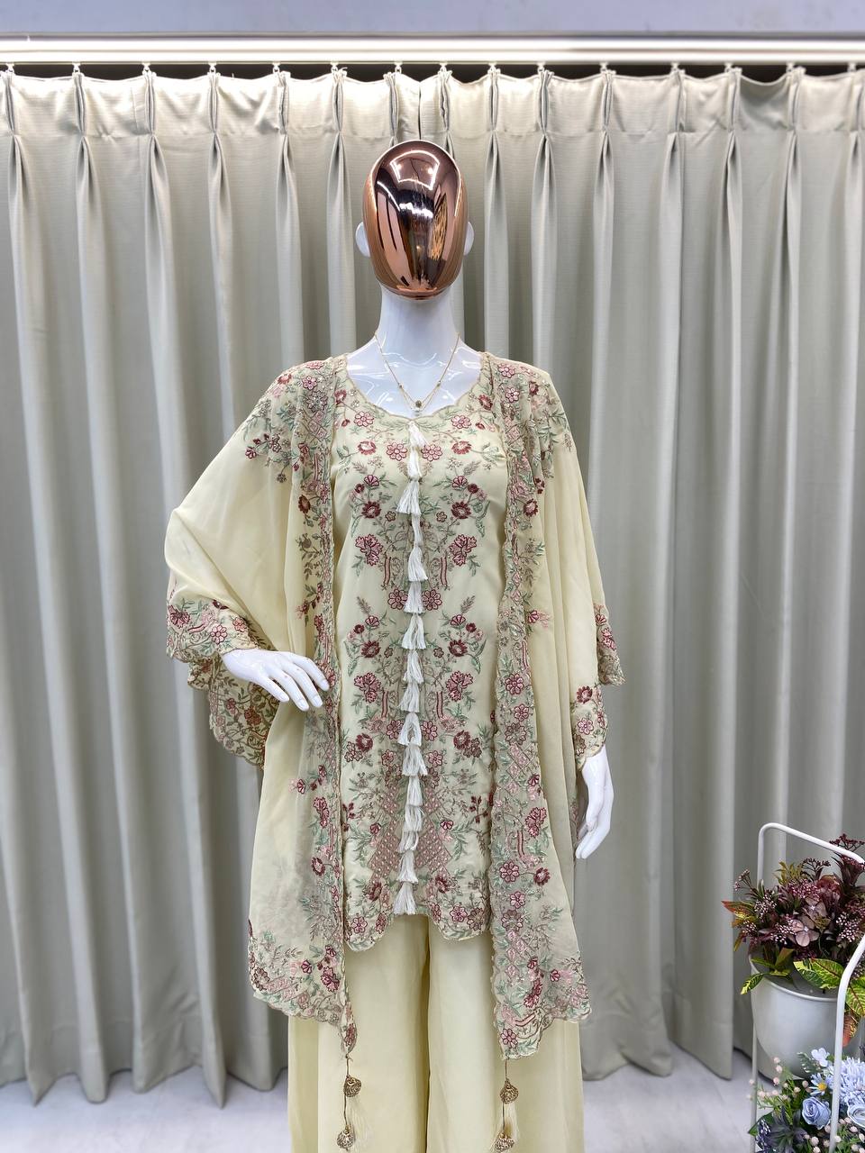 White Georgette Kurta Plazzo Pair with Shrug Perfect for Celebrations