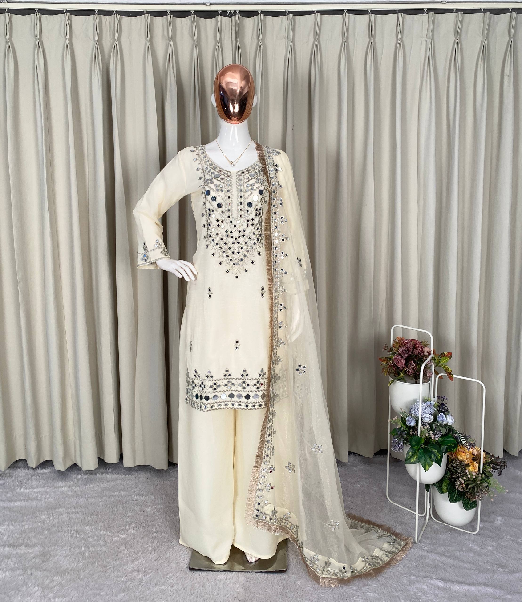 Perfect Off White Faux Georgette Mirror Salwar Suit