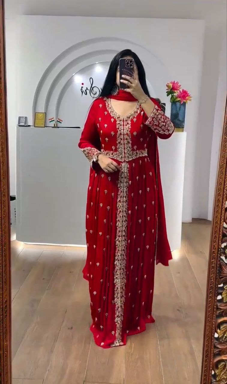 Elegant Red Embroidered Anarkali with Golden Detailing