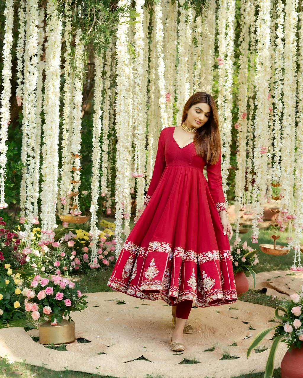 Elegant Red Anarkali Kurti Set with Dupatta for Women