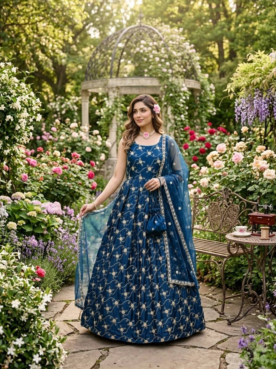 Orange Elegant KesriyaNC Silk Kali Cut Gown Set with Heavy Sequins Embroidery, Micro Fabric Pant & Matching Dupatta – Stitched Ensemble