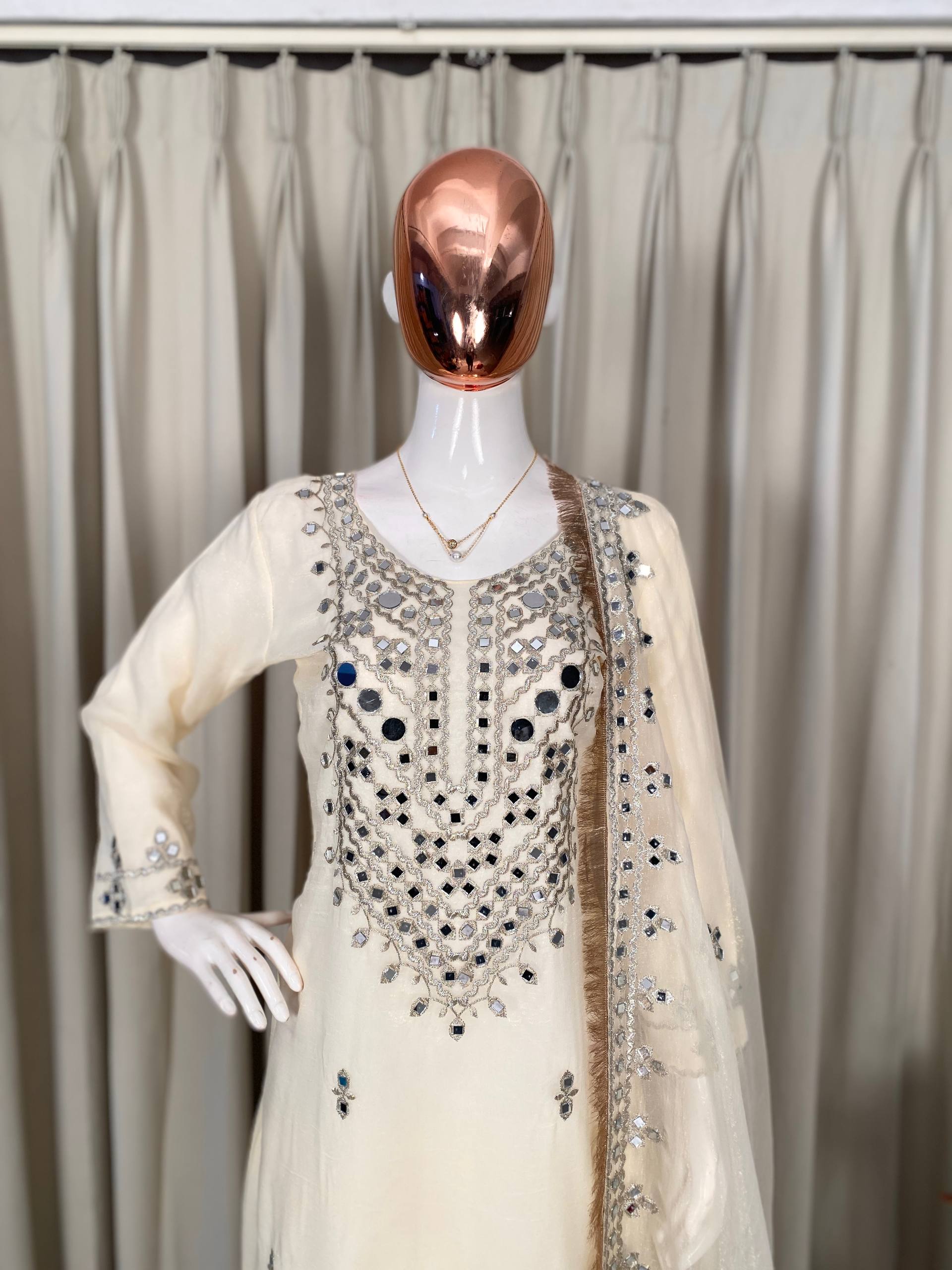 Perfect Off White Faux Georgette Mirror Salwar Suit