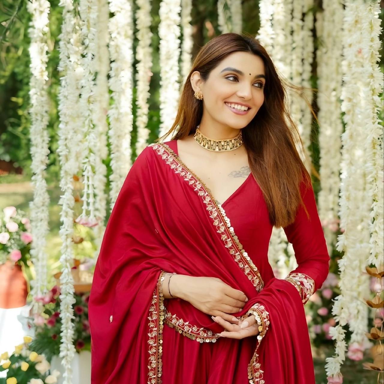 Elegant Red Anarkali Kurti Set with Dupatta for Women