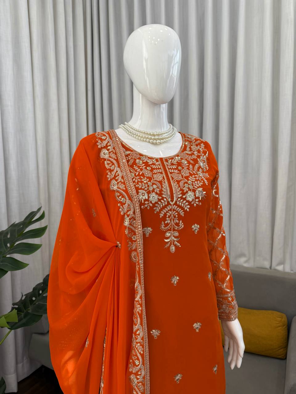 Orange Color Faux Georgette Fabric Sequence Work Palazzo Suit