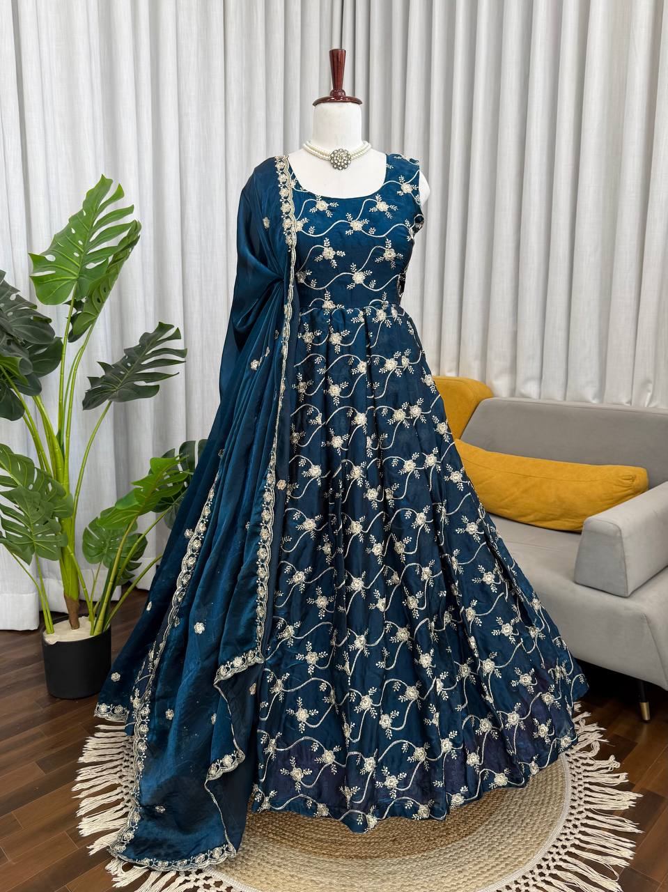 Orange Elegant KesriyaNC Silk Kali Cut Gown Set with Heavy Sequins Embroidery, Micro Fabric Pant & Matching Dupatta – Stitched Ensemble