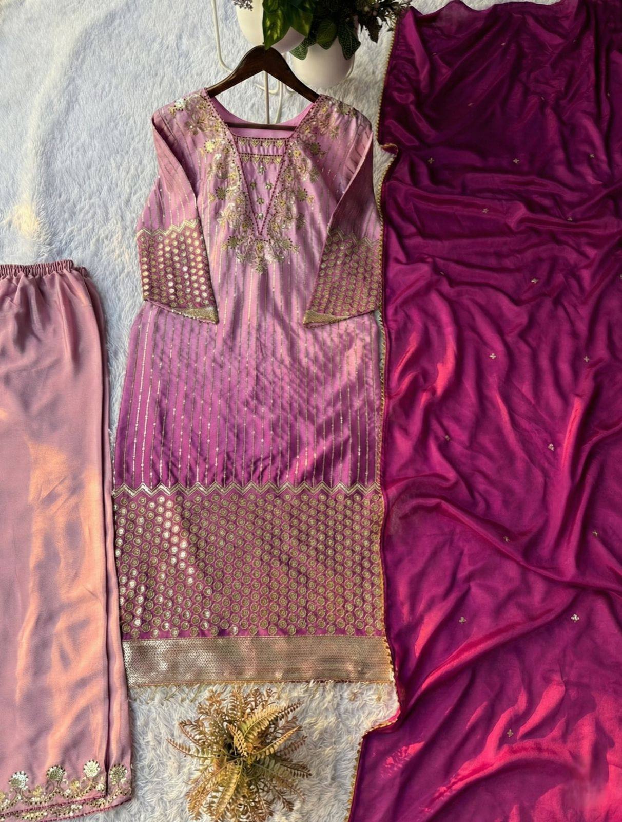 Pink Dress in Chinon With Sequins Embroidery Work Eid Festival Dress