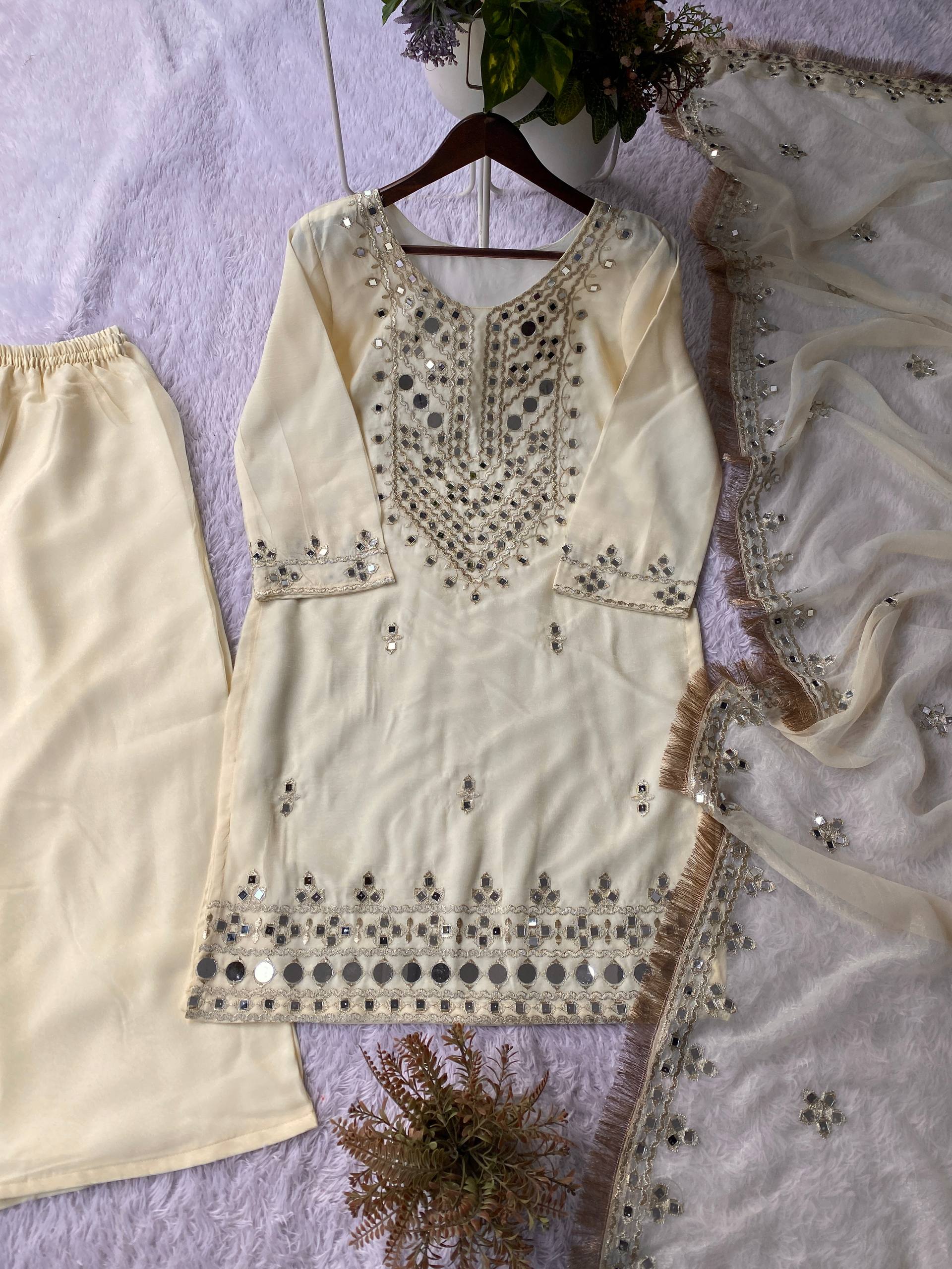 Perfect Off White Faux Georgette Mirror Salwar Suit