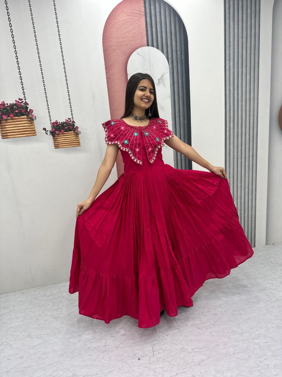 Ruffle Neck Dress with Colorful Embellishments