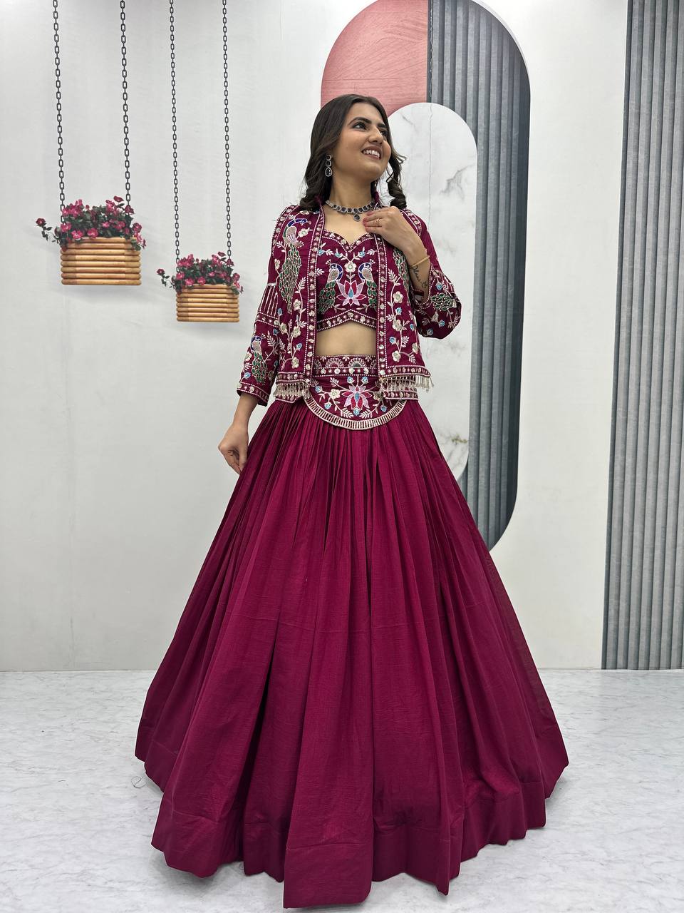 Dark Pink Thread Sequence Work Vichitra Silk Crop Top Lehenga With Shrug