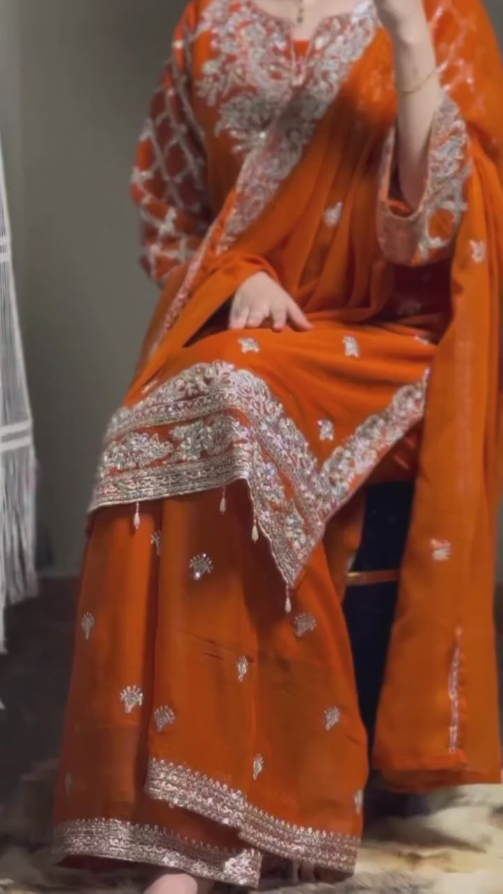 Orange Color Faux Georgette Fabric Sequence Work Palazzo Suit