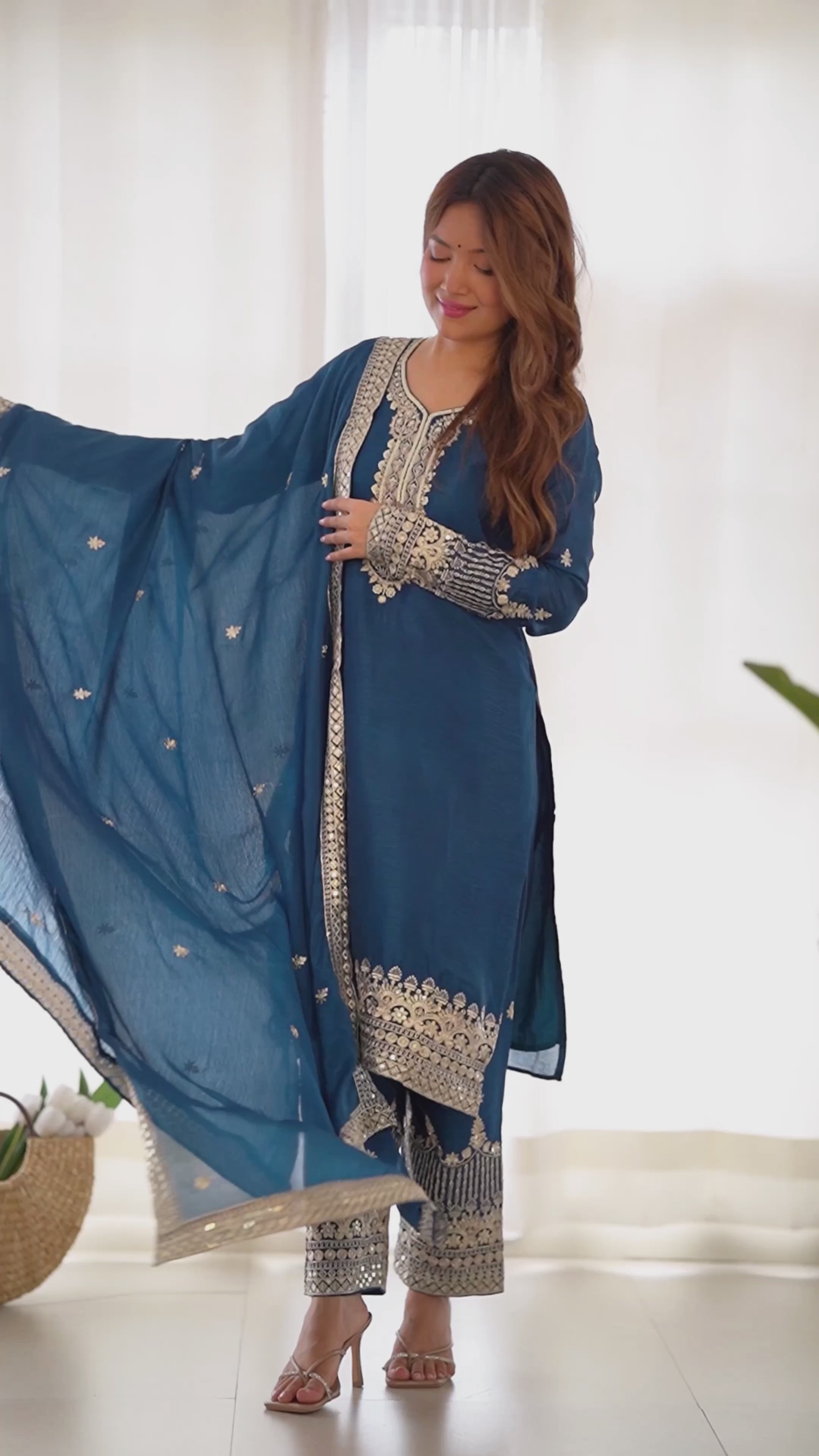 Elegant Navy Blue Sharara Suit with Gold Embroidered Trim