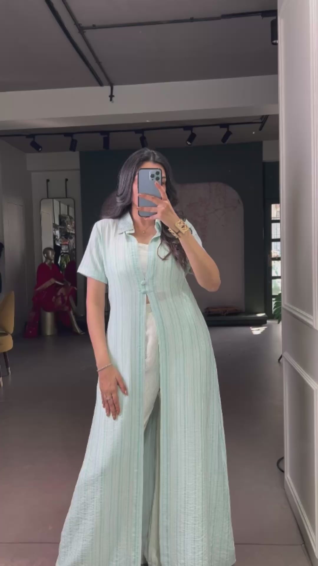 Mint Green Striped Indo-Fusion Set With Overlay Shrug