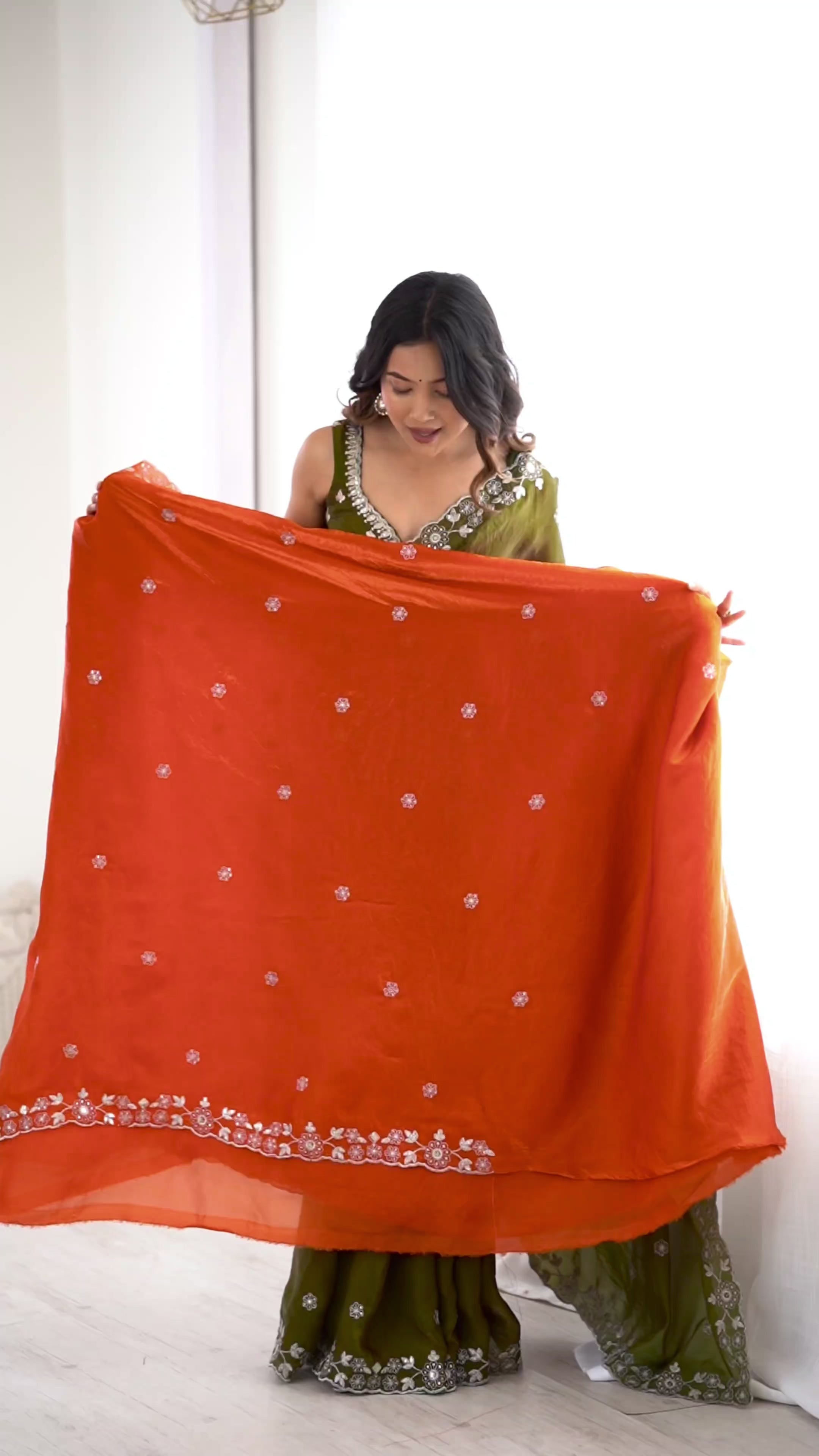 Elegant Orange Embroidered Saree with Designer Blouse – Festive & Wedding Wear