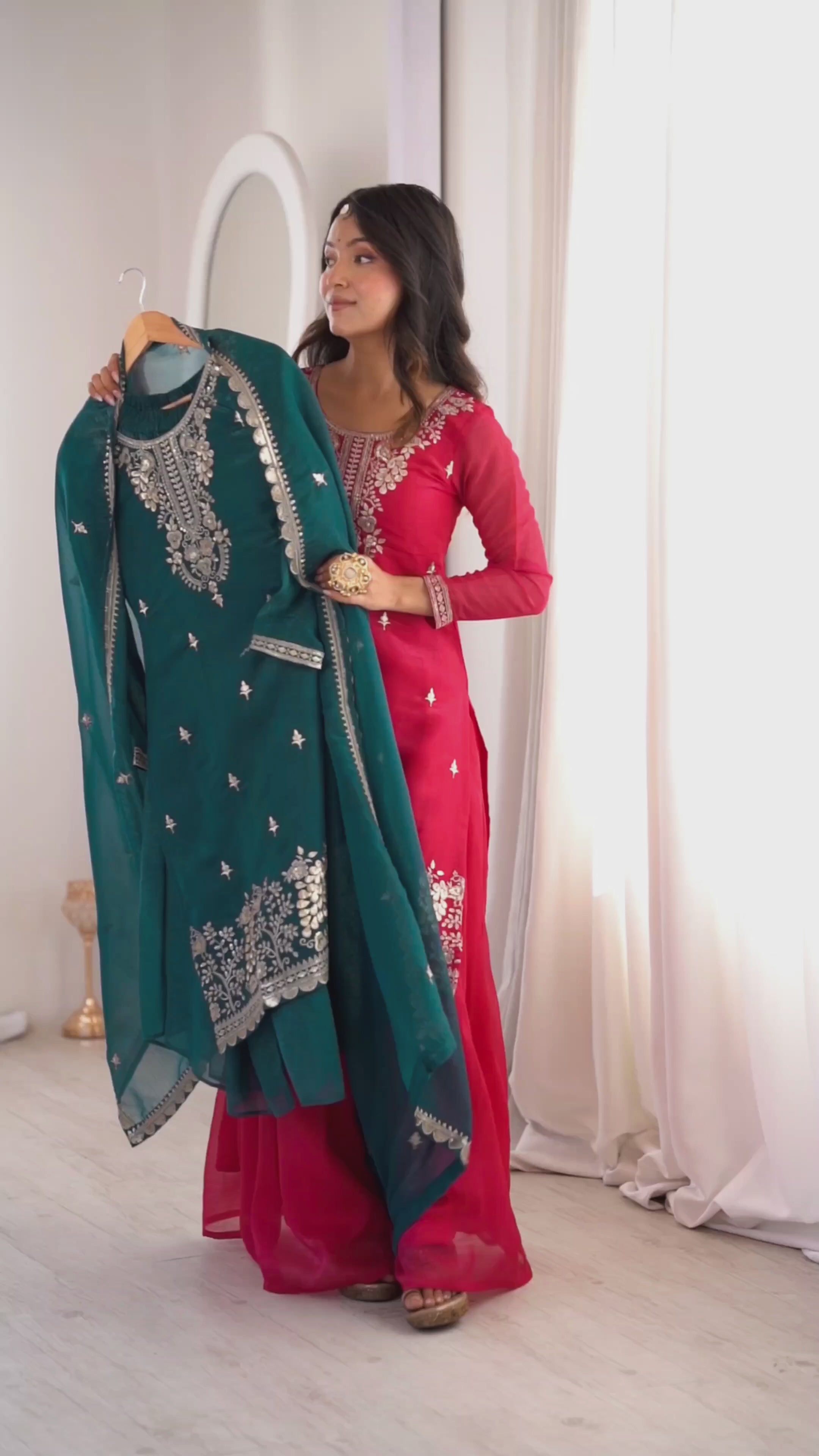 PURE SOFT CRUNCHY SILK FABRIC TOP,SHARARA WITH DUPATTA SET READY TO WEAR
