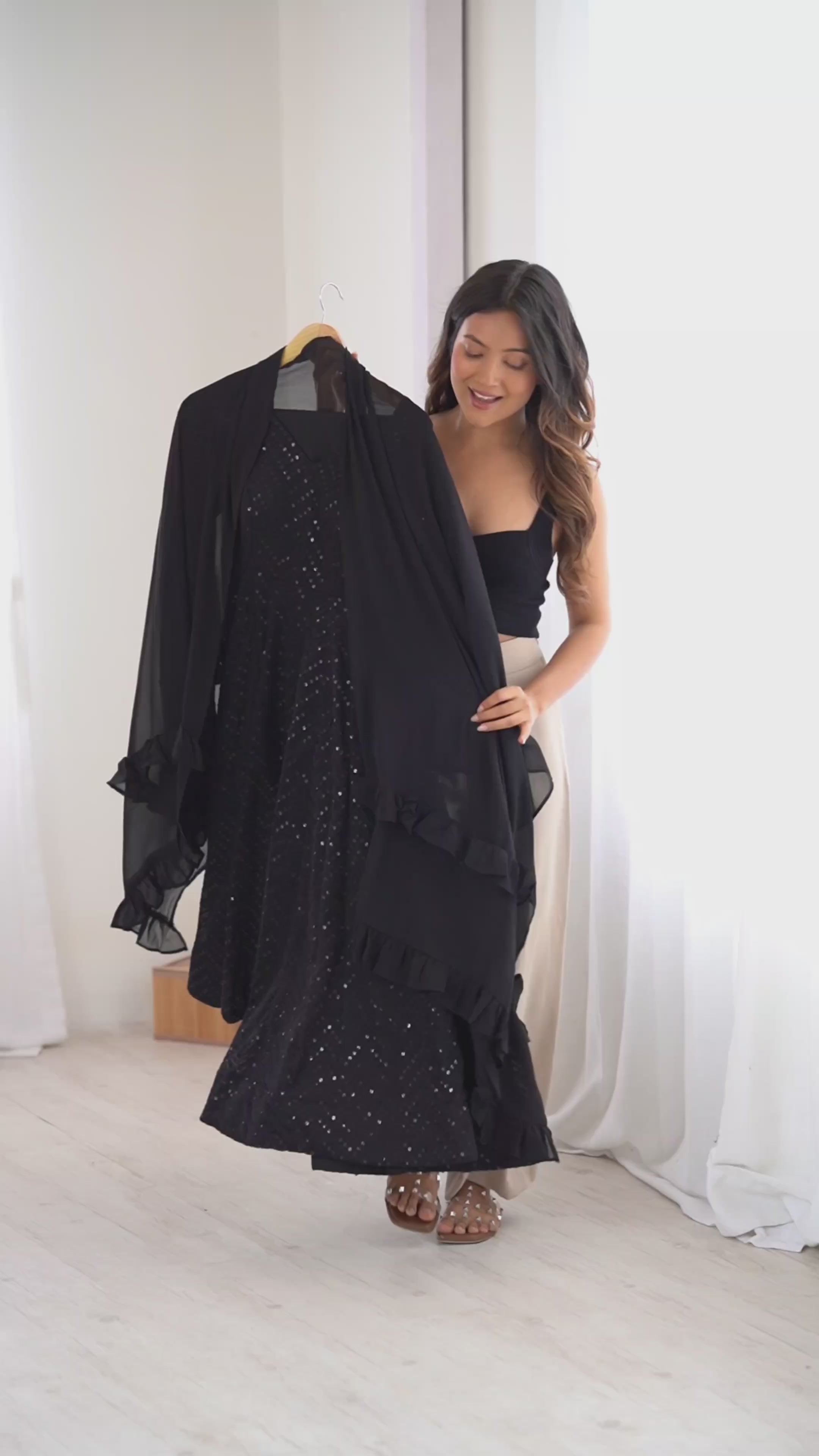 Black Fox Georgette Lucknowi Sequence Work Anarkali Suit Set