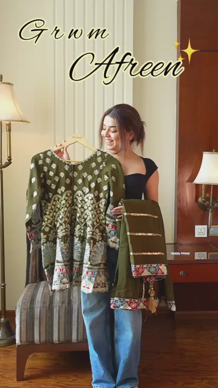Olive Green Printed Kurti with Palazzo & Dupatta SeT