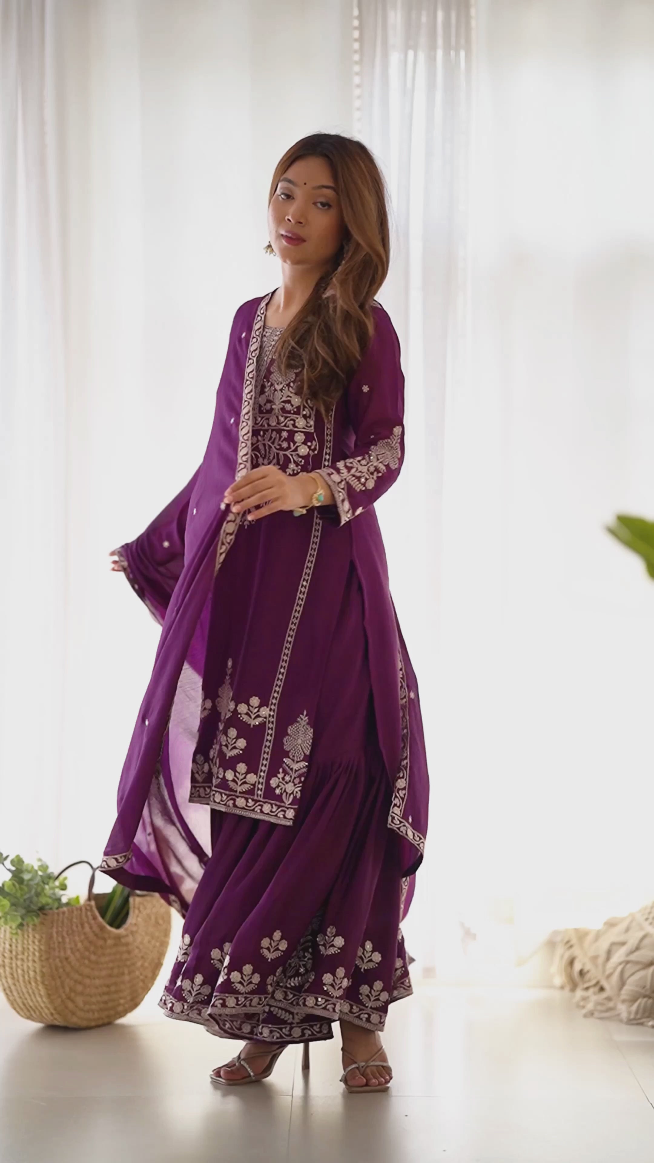 Women’s Pure Chinon Silk Kurta Sharara Set with Dupatta | Heavy Embroidery