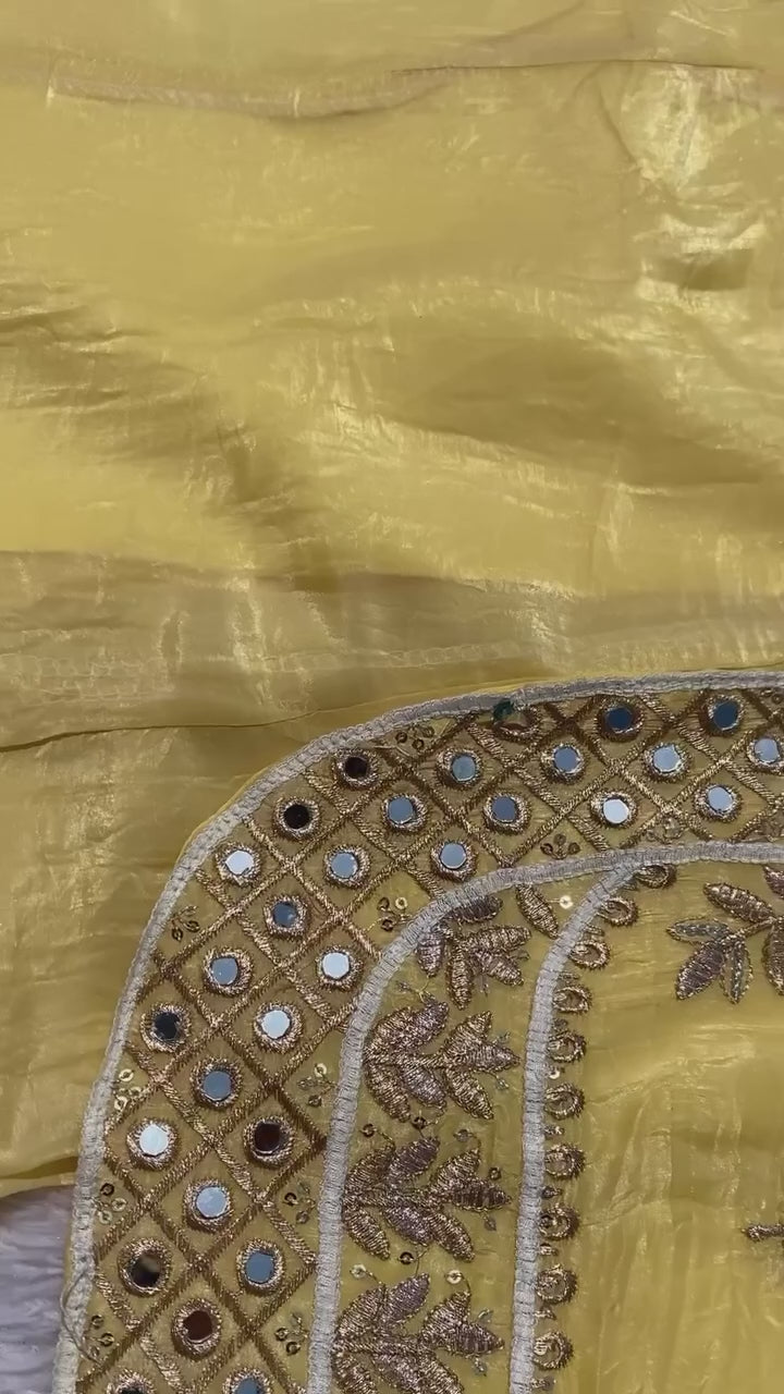 Yellow Kurta Palazzo With Dupatta in Gold Crunchy With Real Mirror and Embroidery